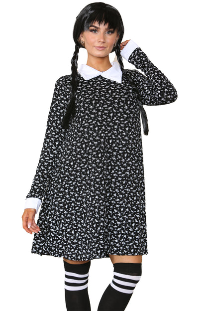 Wednesday Addams 3-Piece Costume Set Including Wig, Print Dress & Socks
