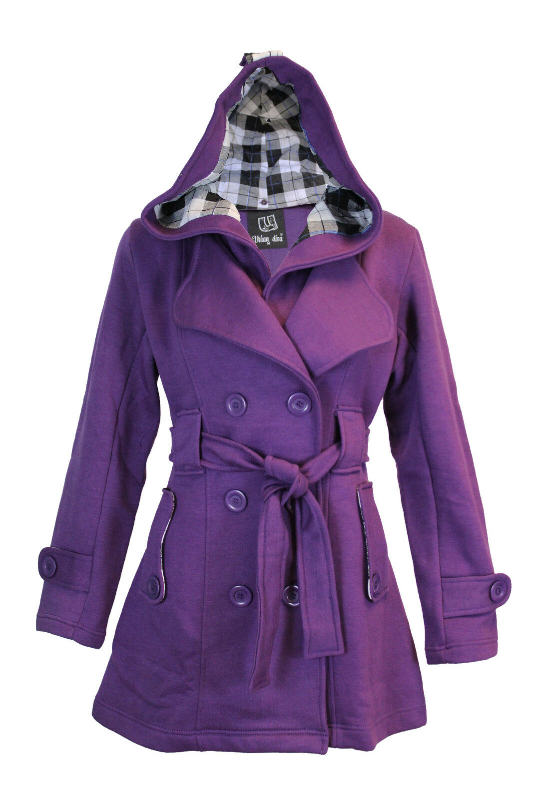 Ladies Purple Hooded Fleece Trench Coat.