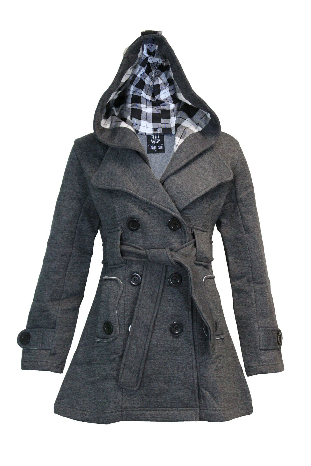 Ladies Charcoal Grey Hooded Fleece Trench Coat.