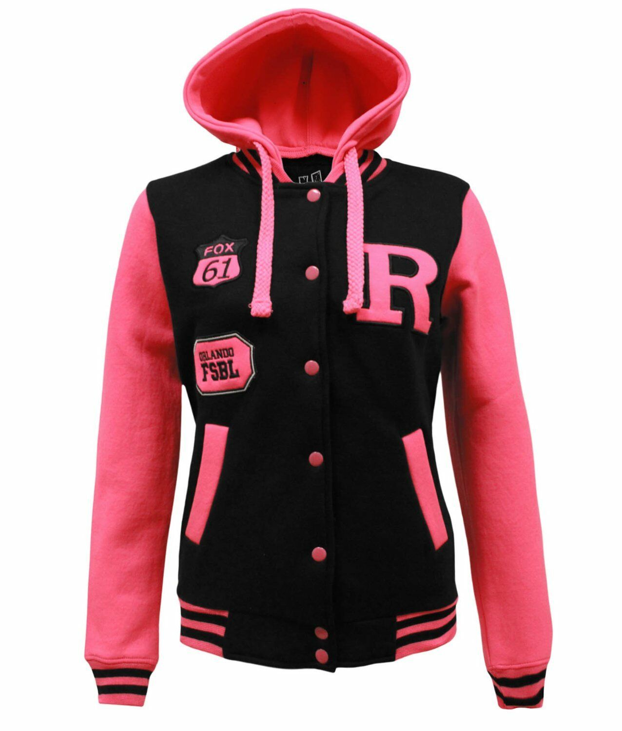 Children's "R" Logo Baseball Jackets. These Are Perfect For The Cooler Summer Days. They Are Press Stud Fastened At The Front.The Cuffs And Waist band Are Ribbed Elastic. 2 Pockets At the Front. Available In Sizes 3-14 In Black & Pink Option.