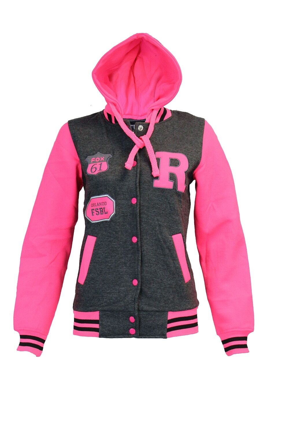 Baseball Jakcet with Charcoal Body & Neon Pink Hood & Sleeves.