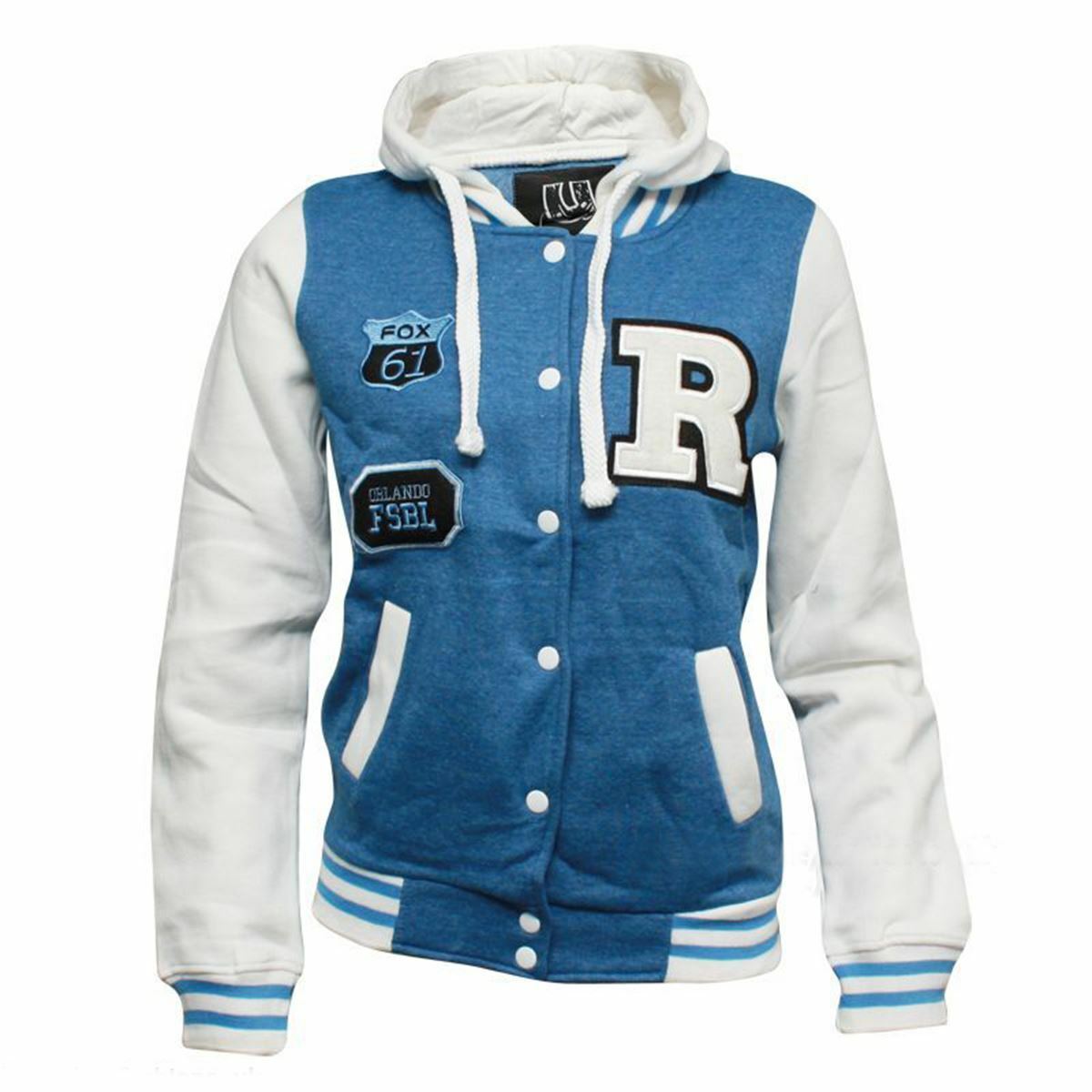 Children's "R" Logo Baseball Jackets. These Are Perfect For The Cooler Summer Days. They Are Press Stud Fastened At The Front.The Cuffs And Waist band Are Ribbed Elastic. 2 Pockets At the Front. Available In Sizes 3-14 In White & Denim Blue option.
