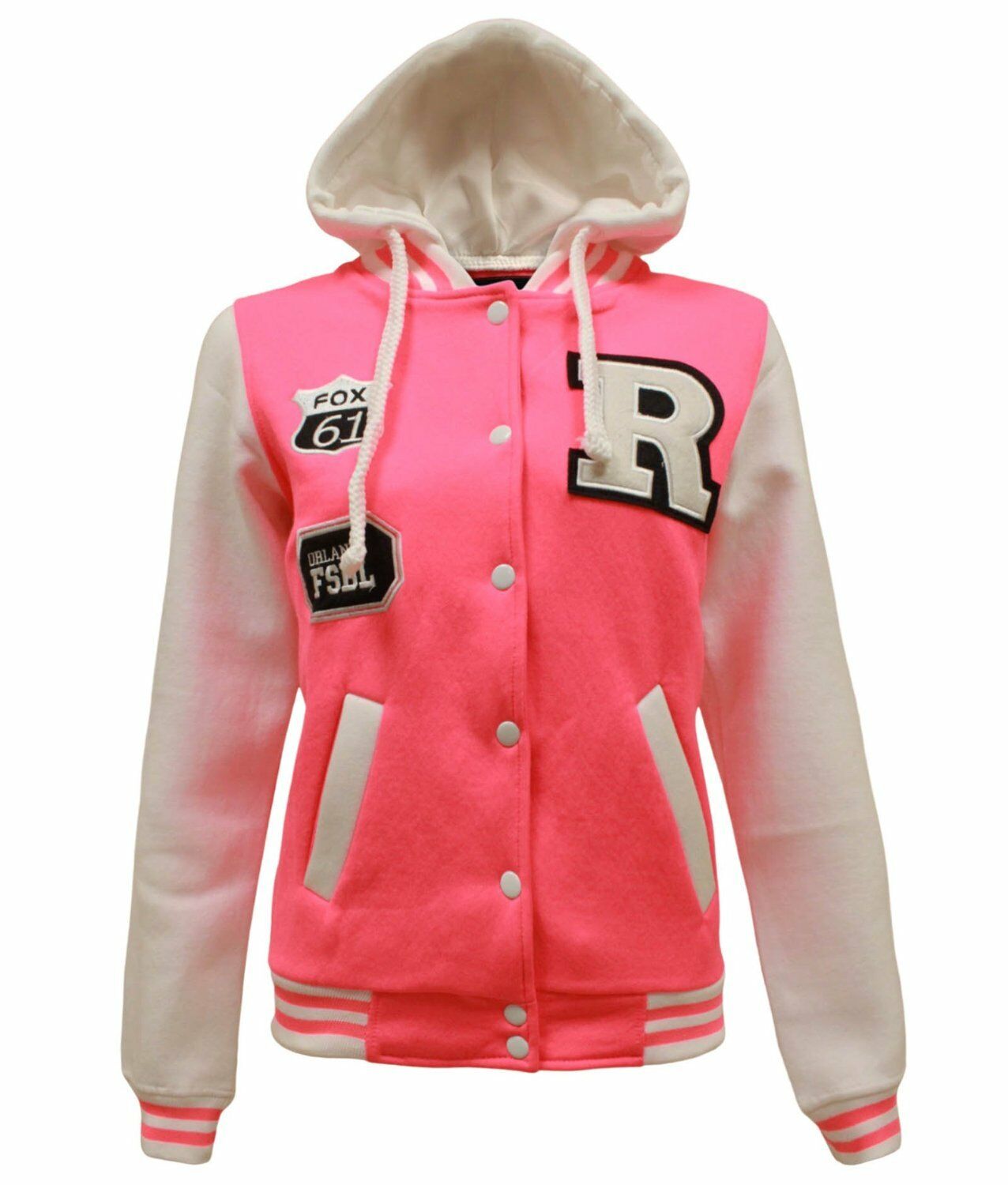Children's "R" Logo Baseball Jackets. These Are Perfect For The Cooler Summer Days. They Are Press Stud Fastened At The Front.The Cuffs And Waist band Are Ribbed Elastic. 2 Pockets At the Front. Available In Sizes 3-14 In White & Pink Option.