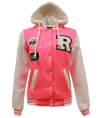 Children's "R" Logo Baseball Jackets. These Are Perfect For The Cooler Summer Days. They Are Press Stud Fastened At The Front.The Cuffs And Waist band Are Ribbed Elastic. 2 Pockets At the Front. Available In Sizes 3-14 In White & Pink Option.