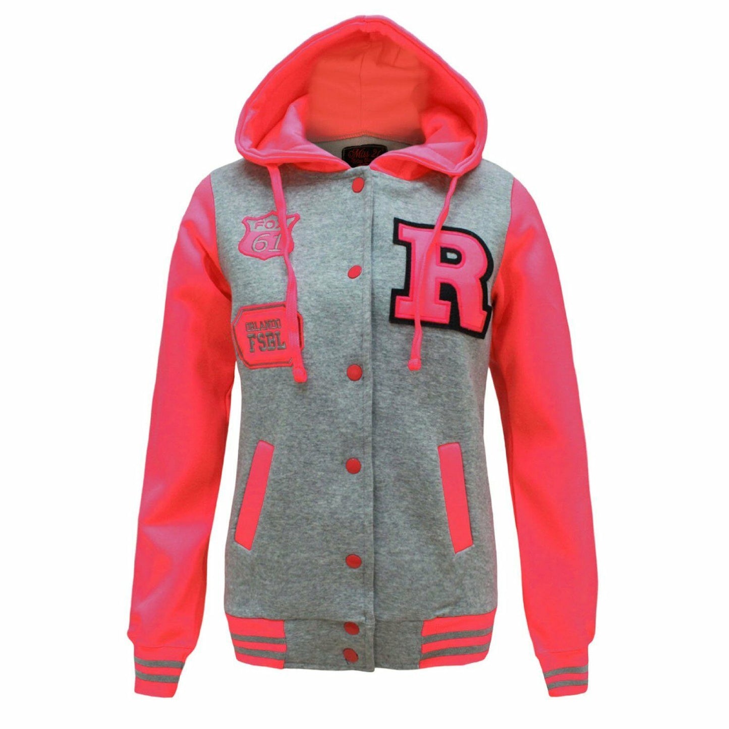 Children's "R" Logo Baseball Jackets. These Are Perfect For The Cooler Summer Days. They Are Press Stud Fastened At The Front.The Cuffs And Waist band Are Ribbed Elastic. 2 Pockets At the Front. Available In Sizes 3-14 In Pink & Silver Grey.
