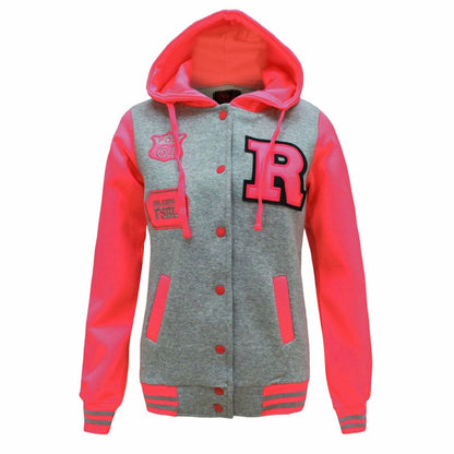 Children's "R" Logo Baseball Jackets. These Are Perfect For The Cooler Summer Days. They Are Press Stud Fastened At The Front.The Cuffs And Waist band Are Ribbed Elastic. 2 Pockets At the Front. Available In Sizes 3-14 In Pink & Silver Grey.