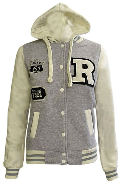 Children's "R" Logo Baseball Jackets. These Are Perfect For The Cooler Summer Days. They Are Press Stud Fastened At The Front.The Cuffs And Waist band Are Ribbed Elastic. 2 Pockets At the Front. Available In Sizes 3-14 In White & Silver Grey Option.