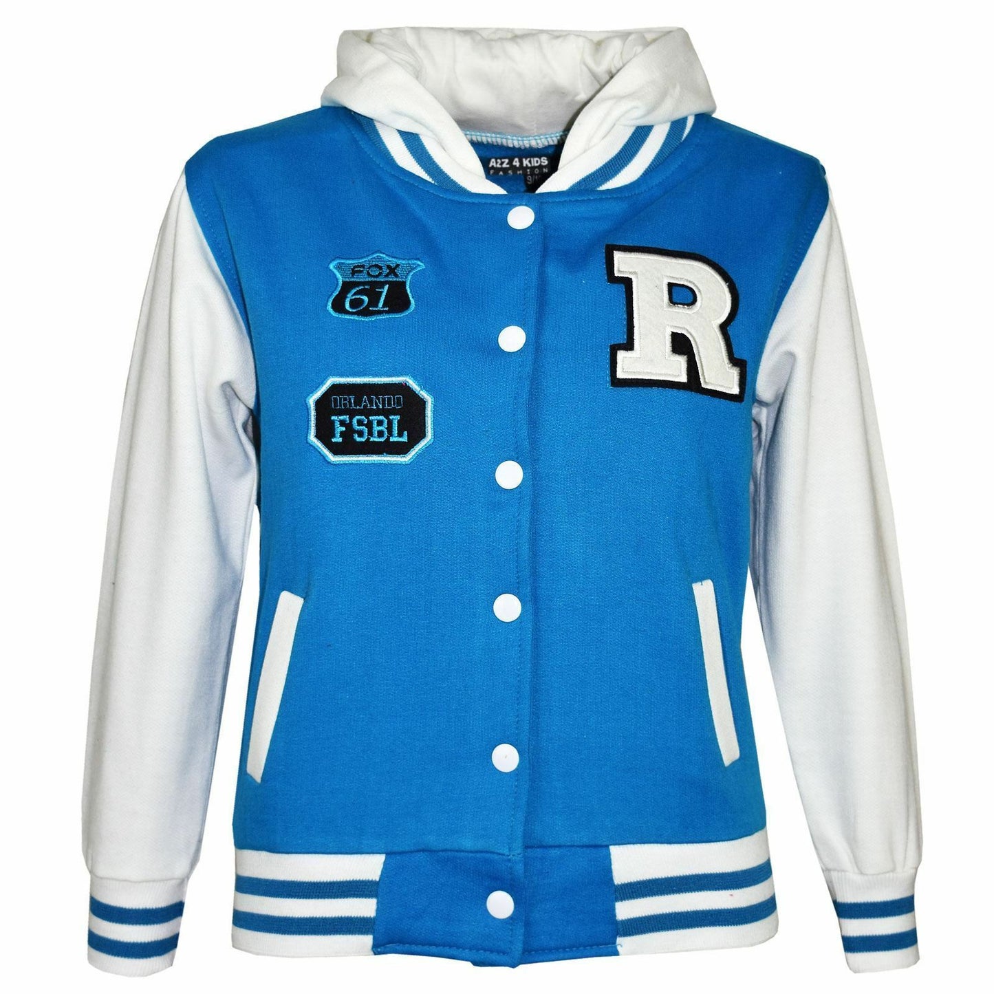 Children's "R" Logo Baseball Jackets. These Are Perfect For The Cooler Summer Days. They Are Press Stud Fastened At The Front.The Cuffs And Waist band Are Ribbed Elastic. 2 Pockets At the Front. Available In Sizes 3-14 In turquoise & White Option
