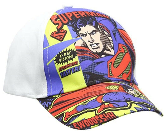 Boys Superman Baseball Cap In White Comic Design Age 2-4 (52cms), 4-8 (54cms), 100% Cotton, Official Merchandise