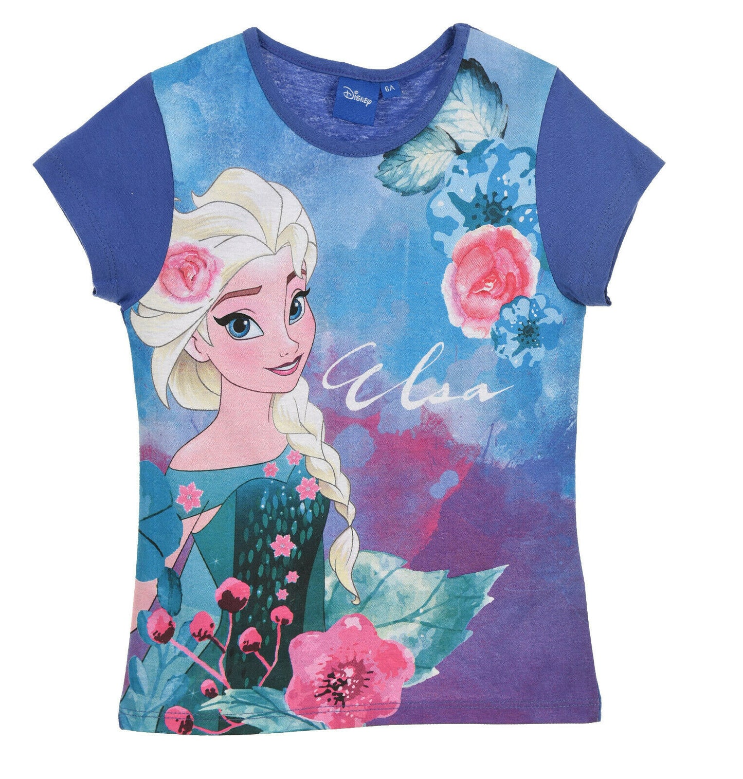 Children's Frozen Elsa Short Sleeve Blue T-Shirt. Ages 3 To 8. ** Official Merchandise**