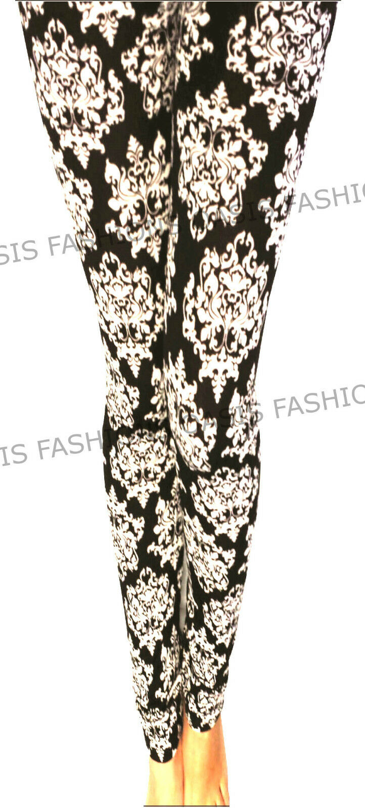 Ladies Black & Cream Damask Design Printed Leggings. Available In Sizes Small To Large (UK 8-14)