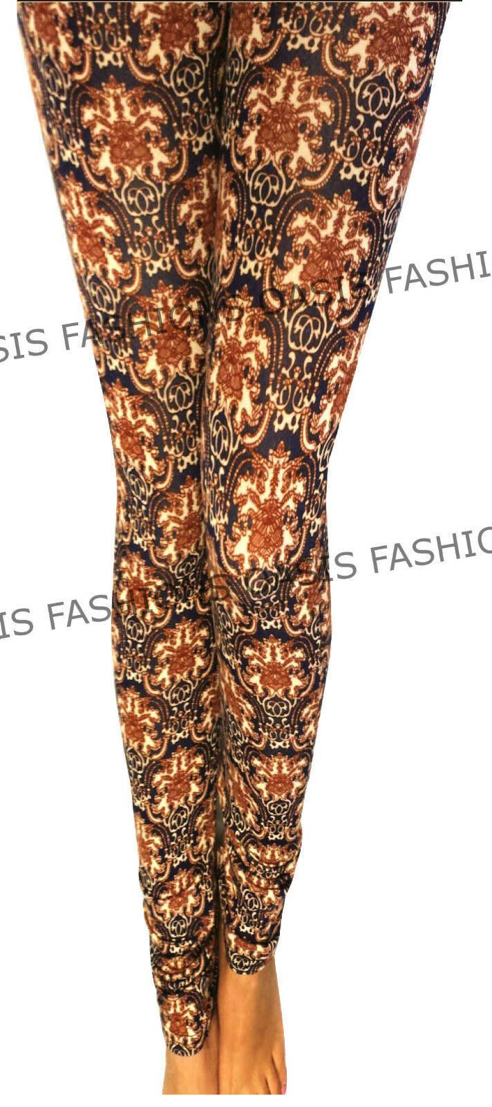 Ladies Brown & Cream Damask Design Printed Leggings. Available In Sizes Small To Large (UK 8-14)