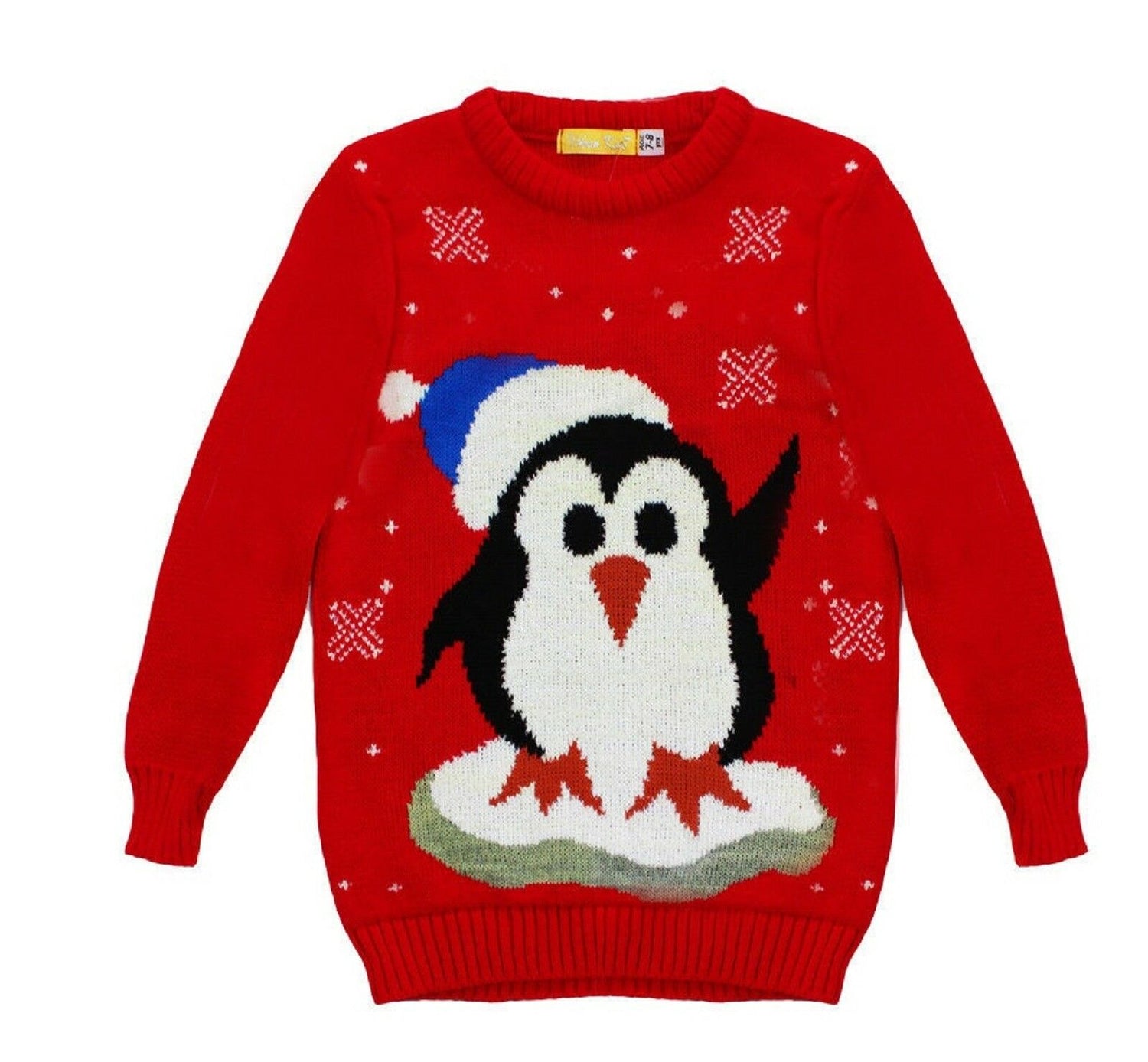 Children's Red Christmas Jumper With Penguin Wearing Santa Hat. Ages 3-14.