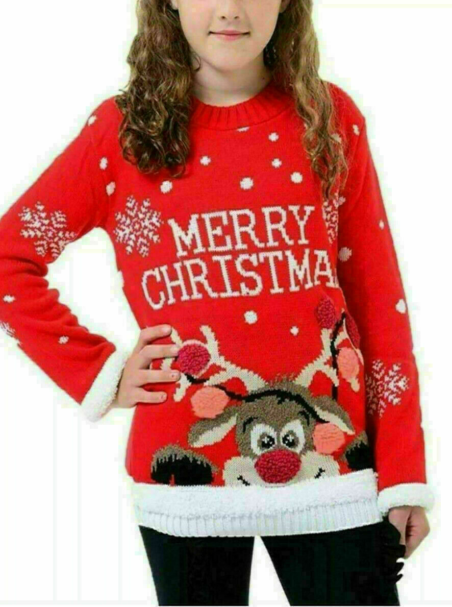 Children's Christmas Jumper In Red With Multi Pom Pom Rudolph Design. Age 3-14.