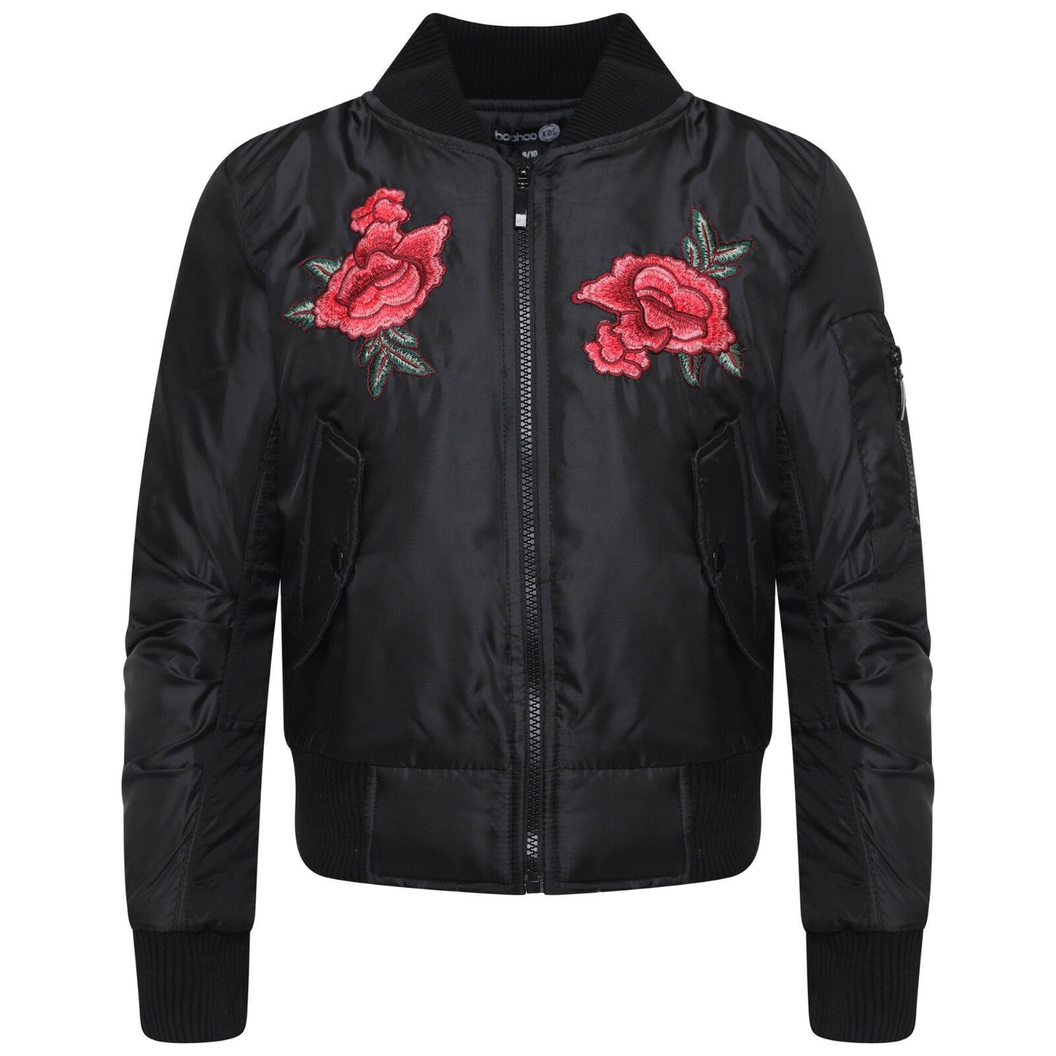 Children's Black & Flower  Bomber Jacket.It Has An Elasticated Ribbed Collar, Waistband & Cuffs. Has 2 Front Pockets And Pocket On The Sleeve . Ages 5-16 Available.