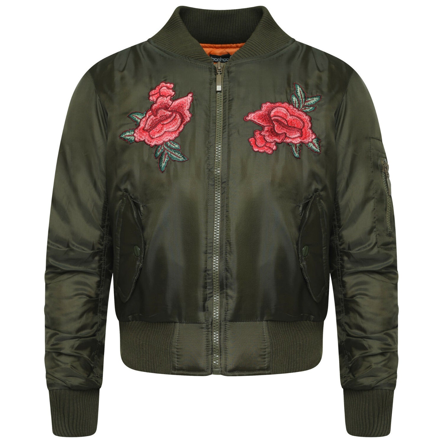Children's Khaki & Flower Bomber Jacket.It Has An Elasticated Ribbed Collar, Waistband & Cuffs. Has 2 Front Pockets And Pocket On The Sleeve . Ages 5-16 Available