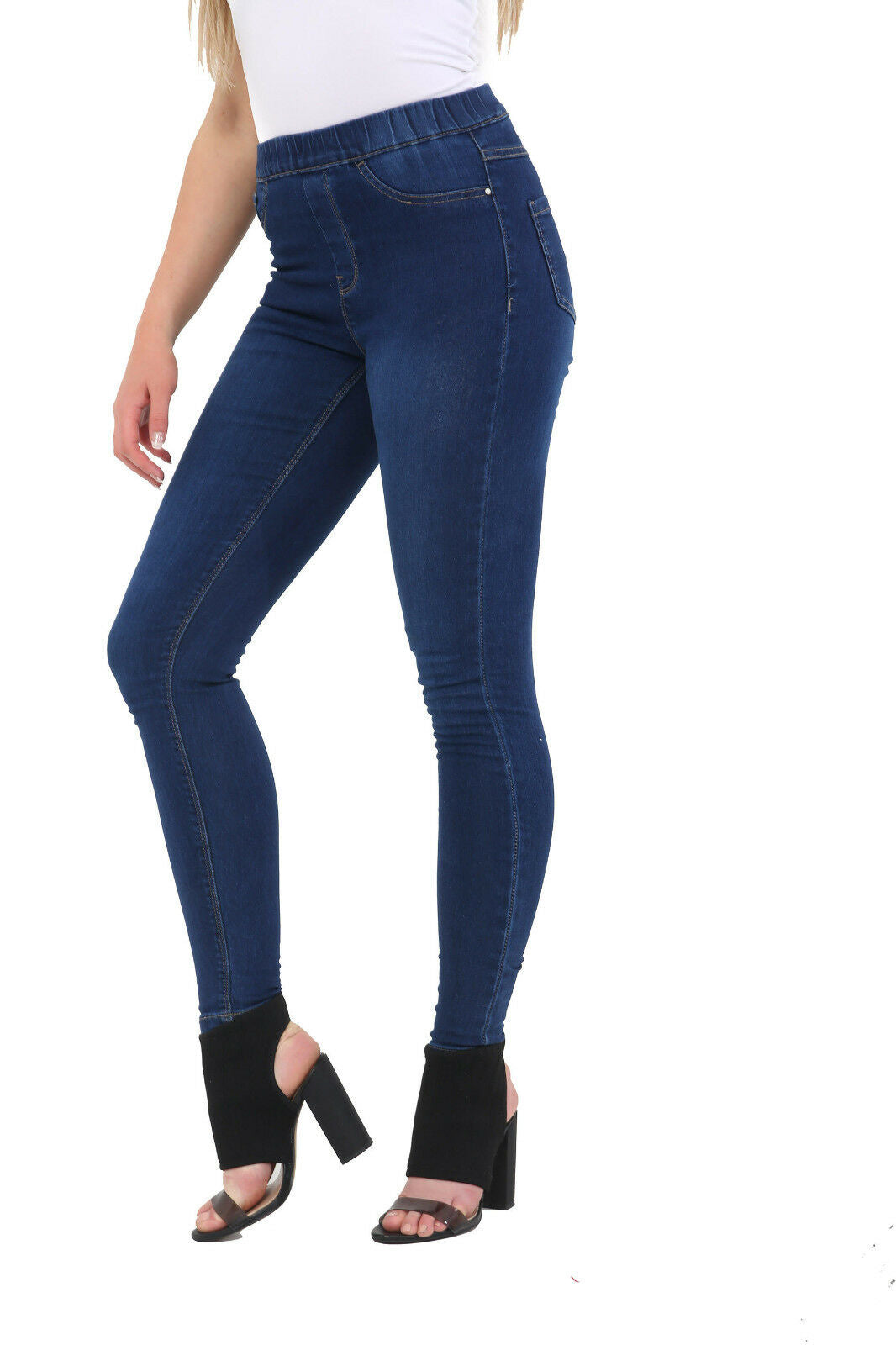 Ladies Dark Blue Denim Jeggings. These Have An Elasticated Waist And Are A Stretchy Fit. Sizes Available Are 8-18.
