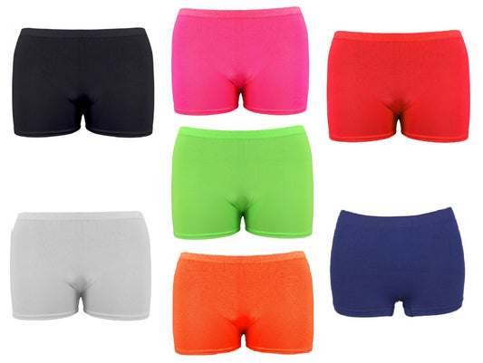  Lycra shorts perfect for school gym or dance classes White, Red, Neon Pink, Black, Royal Blue, Neon Orange, Neon Green Ages 5 to 14 95% Polyester & 5% Spandex