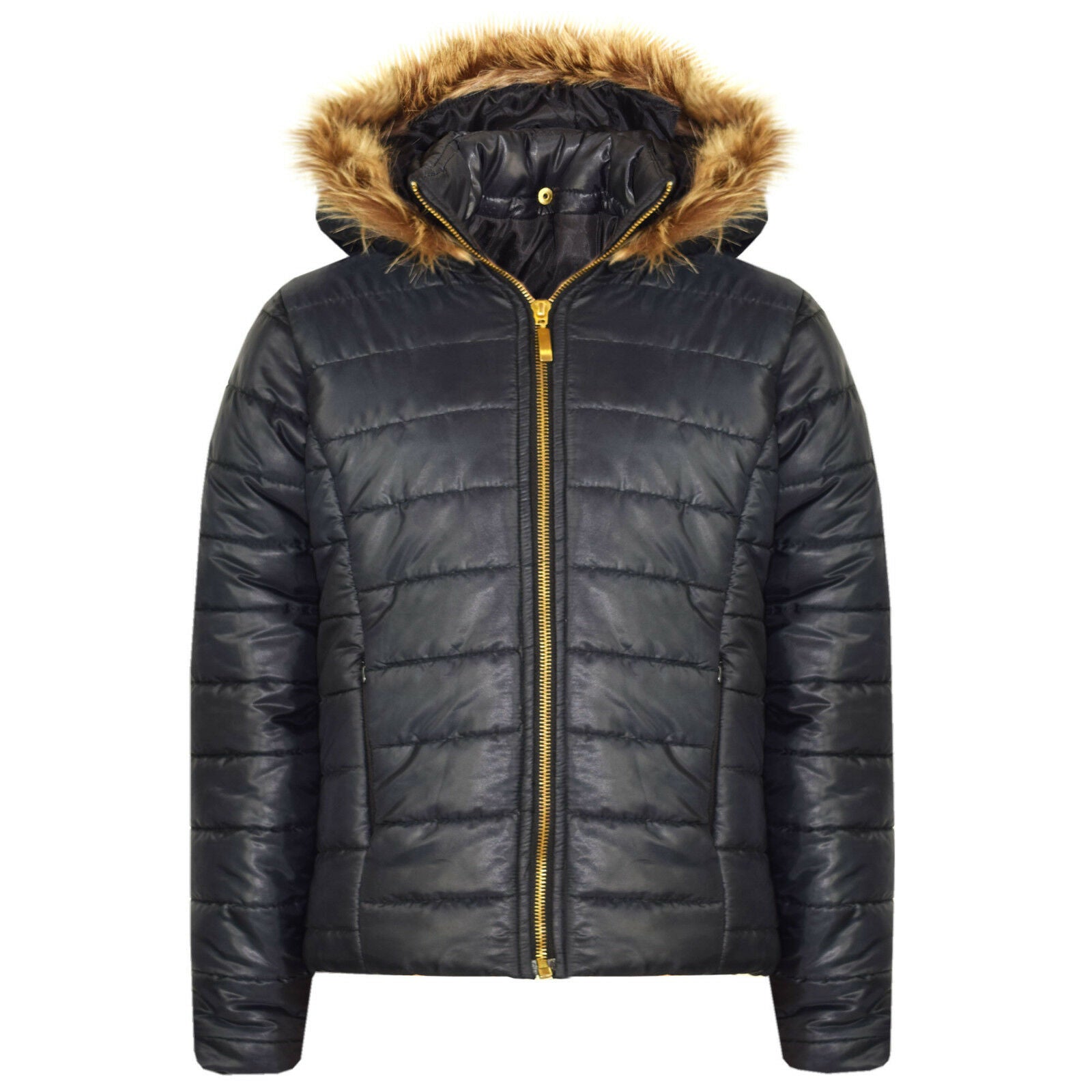 Girls Black  Wet Look quilted Coat With Fur Trim Hood. 