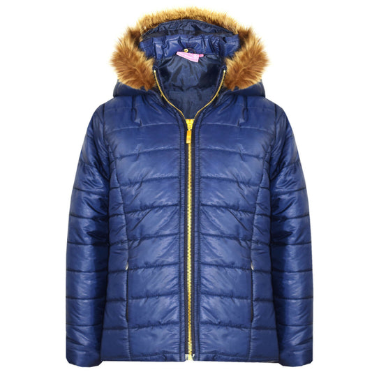 Girls Navy Blue Wet Look Short Quilted Coat With Fur Trim.