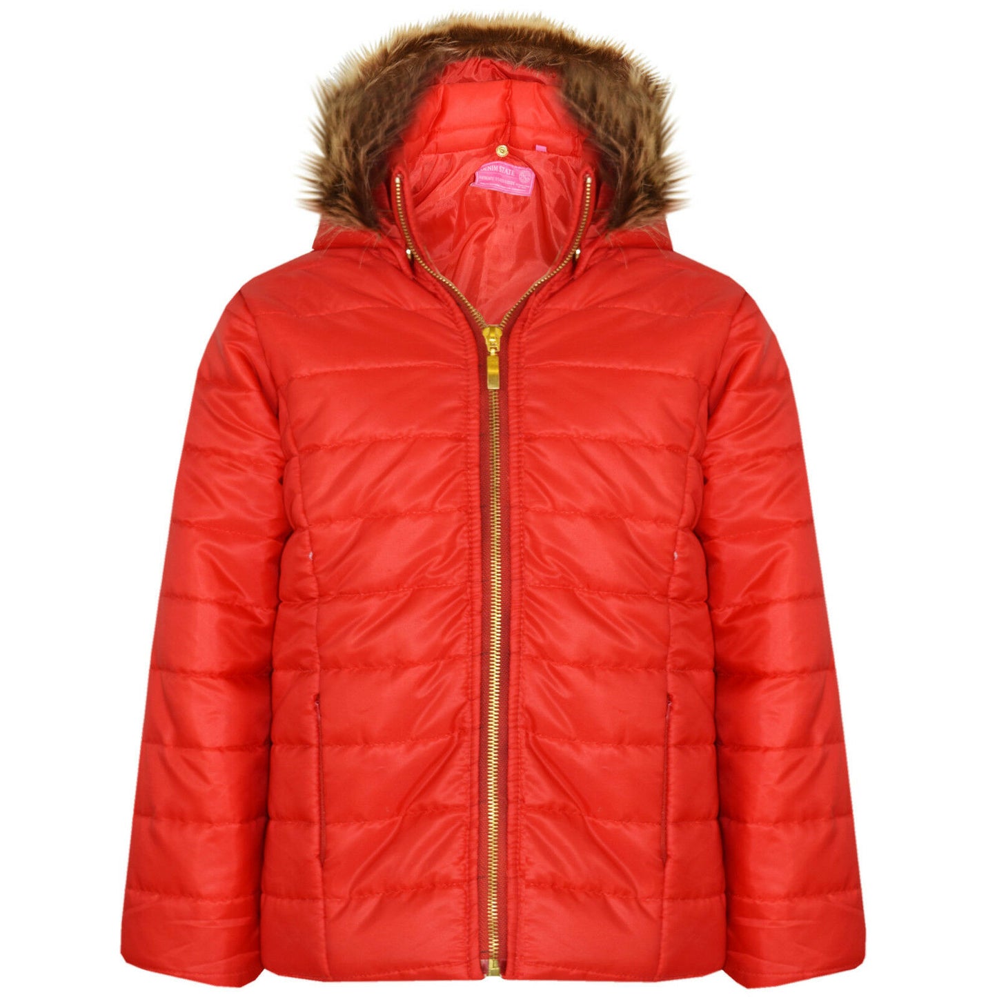 Red Wet Look Quilted Jakcet With Fur Trim Hood.