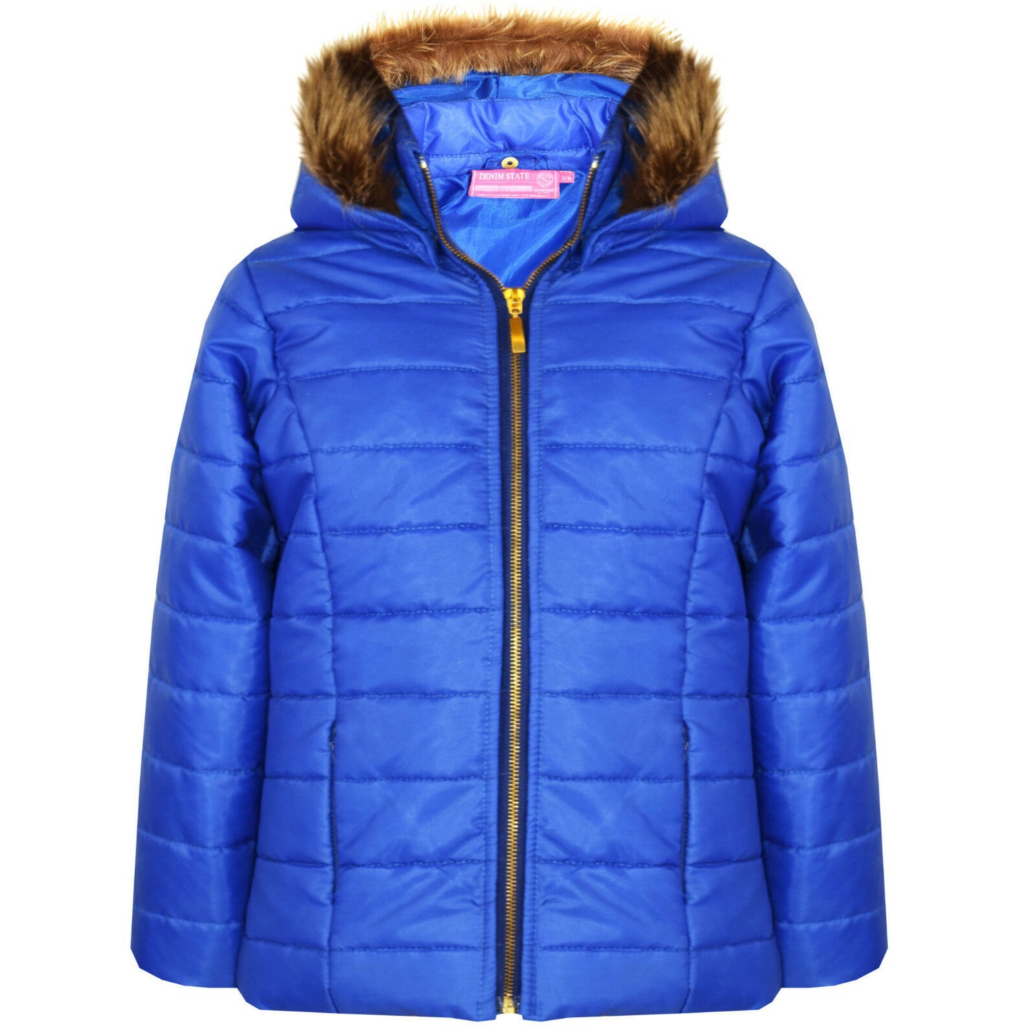 Royal Blue Wet Look Quilted Jacket With Fur Trim Hood.