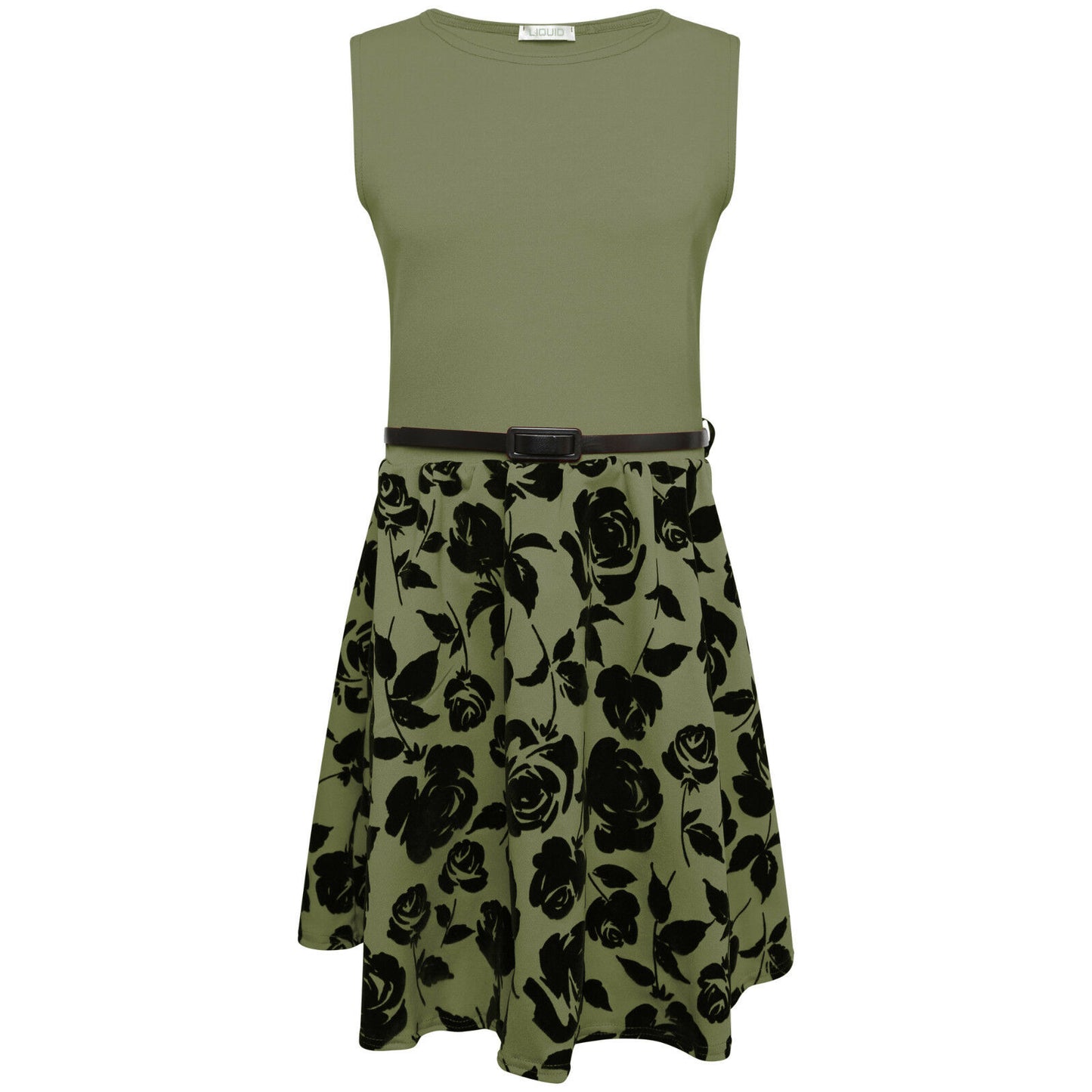 Girls Khaki & Black Formal Sleeveless Belted Dress.