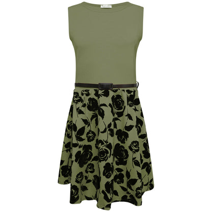 Girls Khaki & Black Formal Sleeveless Belted Dress.