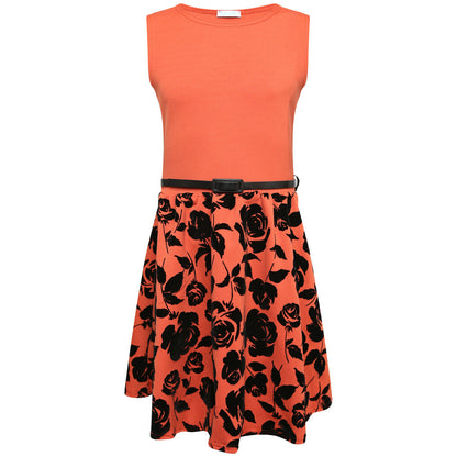 Burnt Orange & Black Sleeveless Formal Belted Dress.