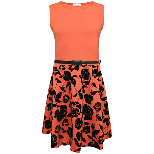 Burnt Orange & Black Sleeveless Formal Belted Dress.