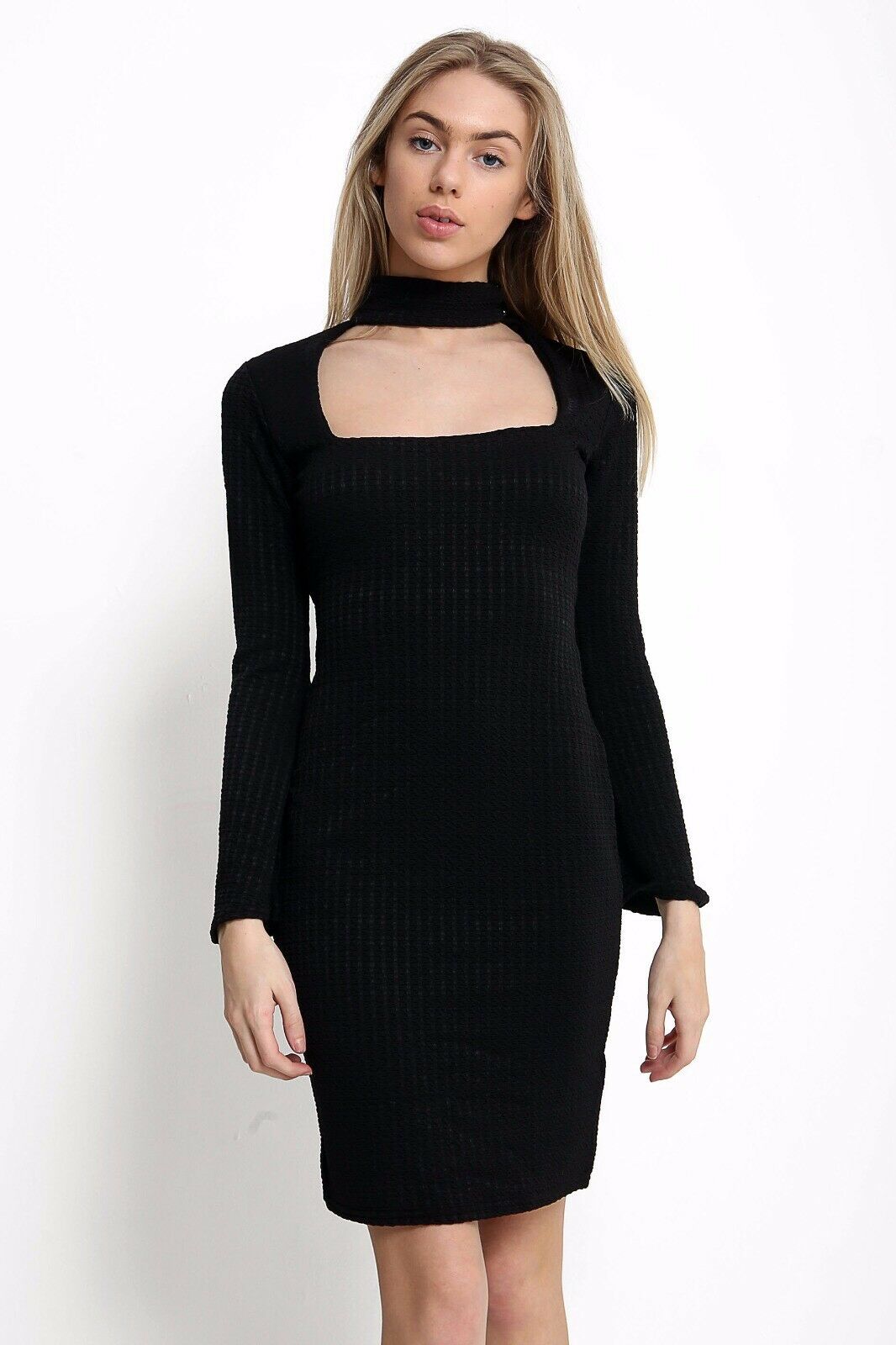 Ladies Black Long Sleeve Flared Dress With Choker Neck Detail. Size 6-14.