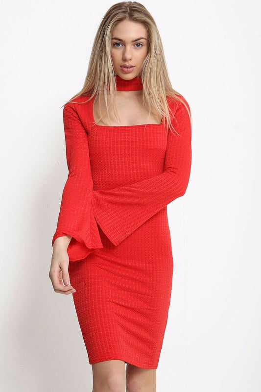 Ladies Long Sleeve Flared Dress With Choker Neck Detail. Available In Size 6 To 14.