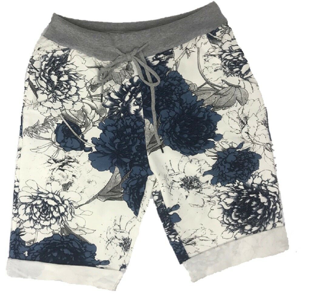 Ladies White & Denim Blue Floral Shorts.