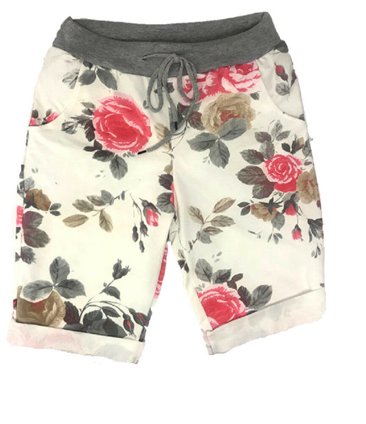 Ladies White & Pink Floral Shorts.