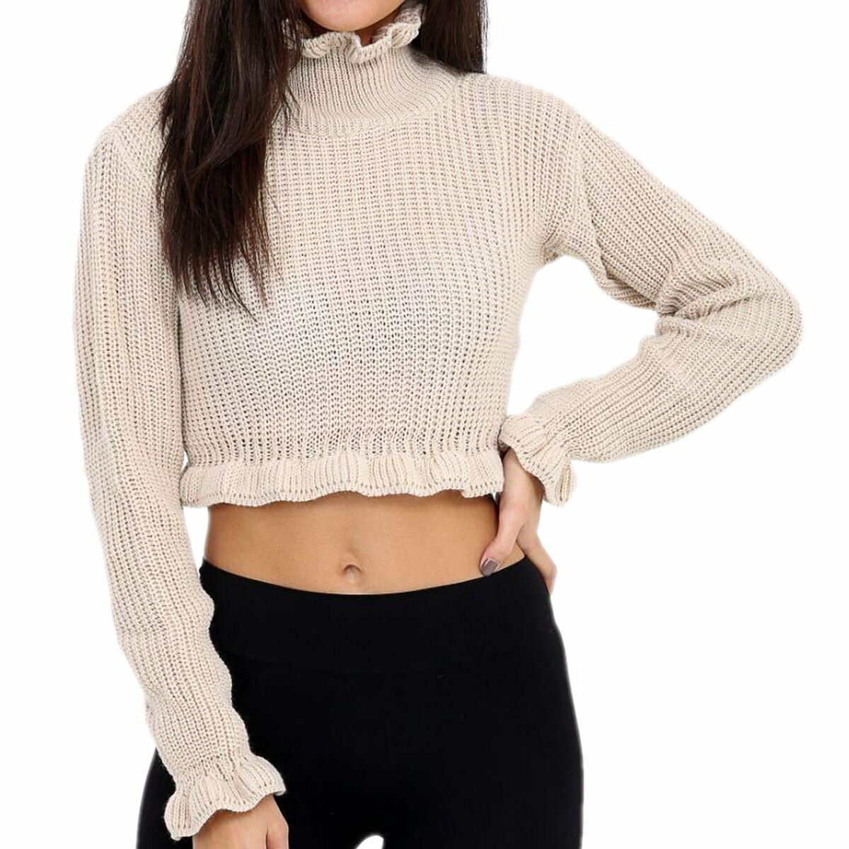 Ladies Ruffle Knitted Long Sleeve Top In Stone. 