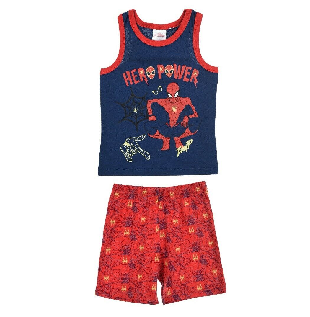 Boys Spiderman Pyjamas. Perfect For Any Spiderman Lover. This Is The Vest Top And Short Option In Blue & Red.  In Ages 3 To 8. These Are Official Merchandise