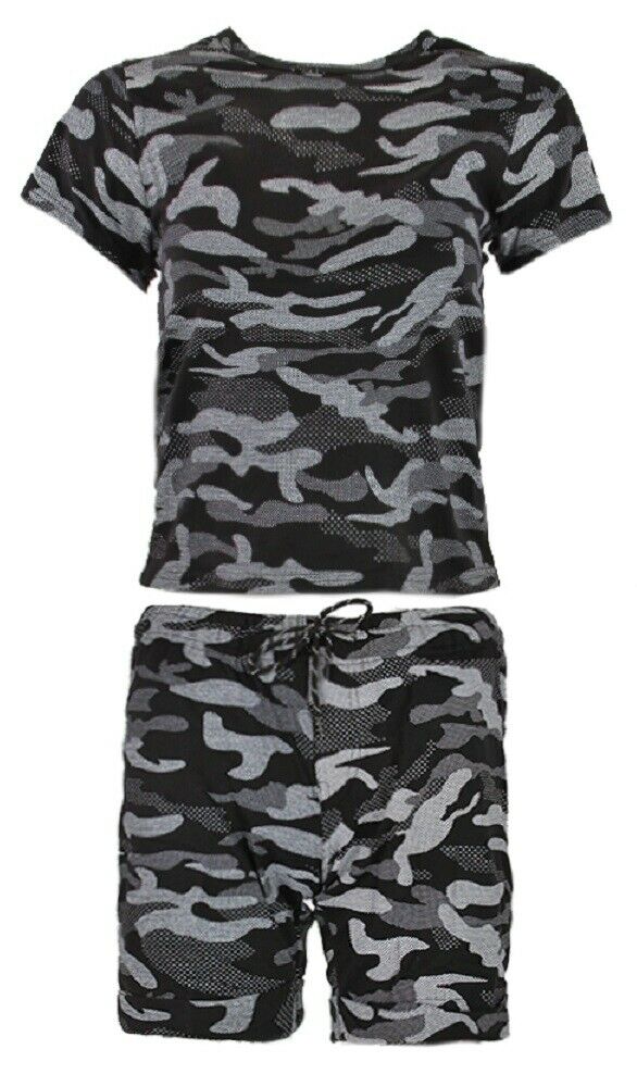 Boys Black Camouflage Short & T-Shirt Set. These Are Perfect For The Summer Months. The T-Shirt Has Short Sleeves And A Crew Neck.The Shorts Have 2 Pockets And Elasticated Waist With Drawstring Fastening. Available In Sizes 3-6. Also Available In White & Grey.