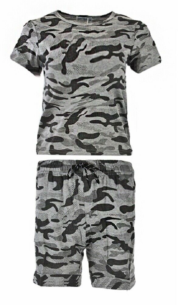 Boys Grey Camouflage Short & T-Shirt Set. These Are Perfect For The Summer Months. The T-Shirt Has Short Sleeves And A Crew Neck.The Shorts Have 2 Pockets And Elasticated Waist With Drawstring Fastening. Available In Sizes 3-6. Also Available In White & Black