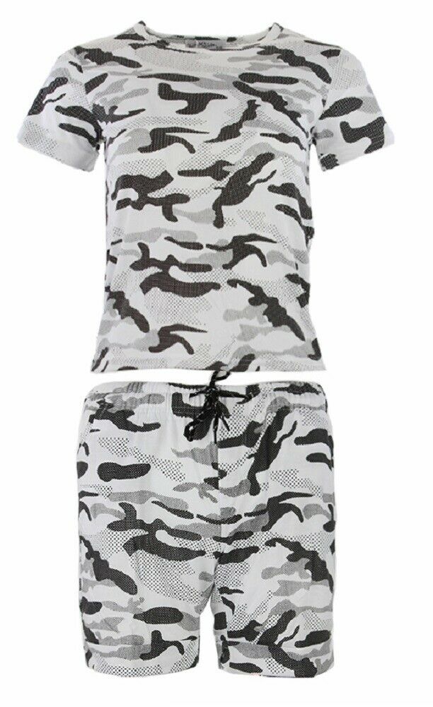 Boys White Camouflage Short & T-Shirt Set. These Are Perfect For The Summer Months. The T-Shirt Has Short Sleeves And A Crew Neck.The Shorts Have 2 Pockets And Elasticated Waist With Drawstring Fastening. Available In Sizes 3-6. Also Available In Grey & Black