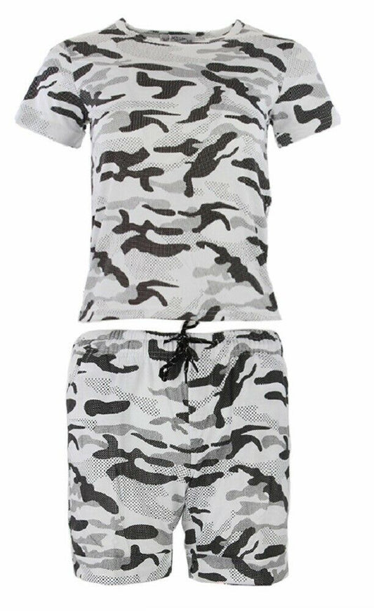 Boys White Camouflage Short & T-Shirt Set. These Are Perfect For The Summer Months. The T-Shirt Has Short Sleeves And A Crew Neck.The Shorts Have 2 Pockets And Elasticated Waist With Drawstring Fastening. Available In Sizes 3-6. Also Available In Grey & Black