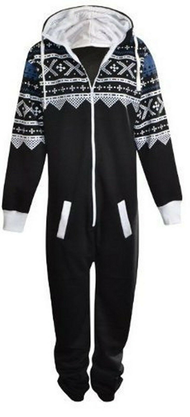 Adult Black Aztec Design Onesie. Cotton Lined Hood With Fleece Lining In The Rest Of The Onesie. The Cuffs and Ankles Are Ribbed Elastic. These Are To Be Worn Loosely. Sizes Small To X- Large.