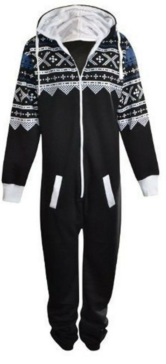 Black Aztec Onesie With Blue Design. These have a White Cotton Lined Hood With the Rest Of The Onesie Being Fleece.They Have Elasticated Ribbed Cuffs And " Front Pockets.The Zip At The Front Goes From The Neck to Just Below The Waist.  These Are A Lose Fit Onesie. Sizes 2XL To 4XL Available. 
