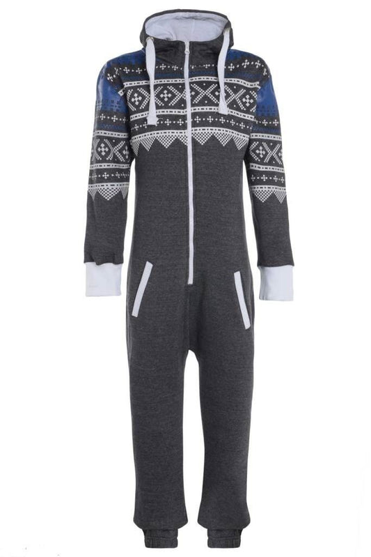 Charcoal Grey Aztec Onesie With Blue Design. These Have A White Cotton Lined Hood With the Rest Of The Onesie Being Fleece.They Have Elasticated Ribbed Cuffs And " Front Pockets.The Zip At The Front Goes From The Neck to Just Below The Waist. These Are A Lose Fit Onesie. Sizes 2XL To 4XL Available.
