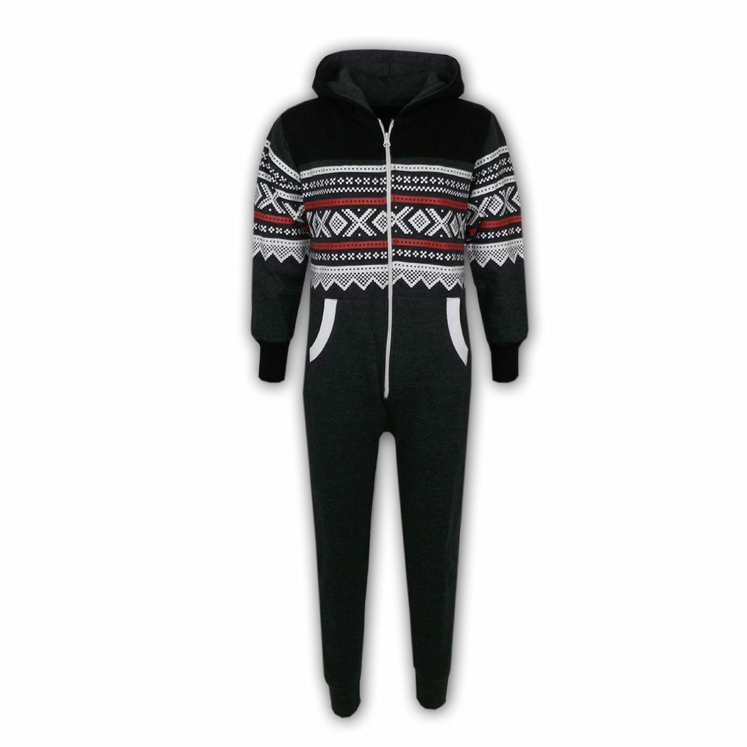 Adult Charcoal With Black Aztec Design Onesie. Cotton Lined Hood With Fleece Lining In The Rest Of The Onesie. The Cuffs and Ankles Are Ribbed Elastic. These Are To Be Worn Loosely. Sizes Small To X- Large.