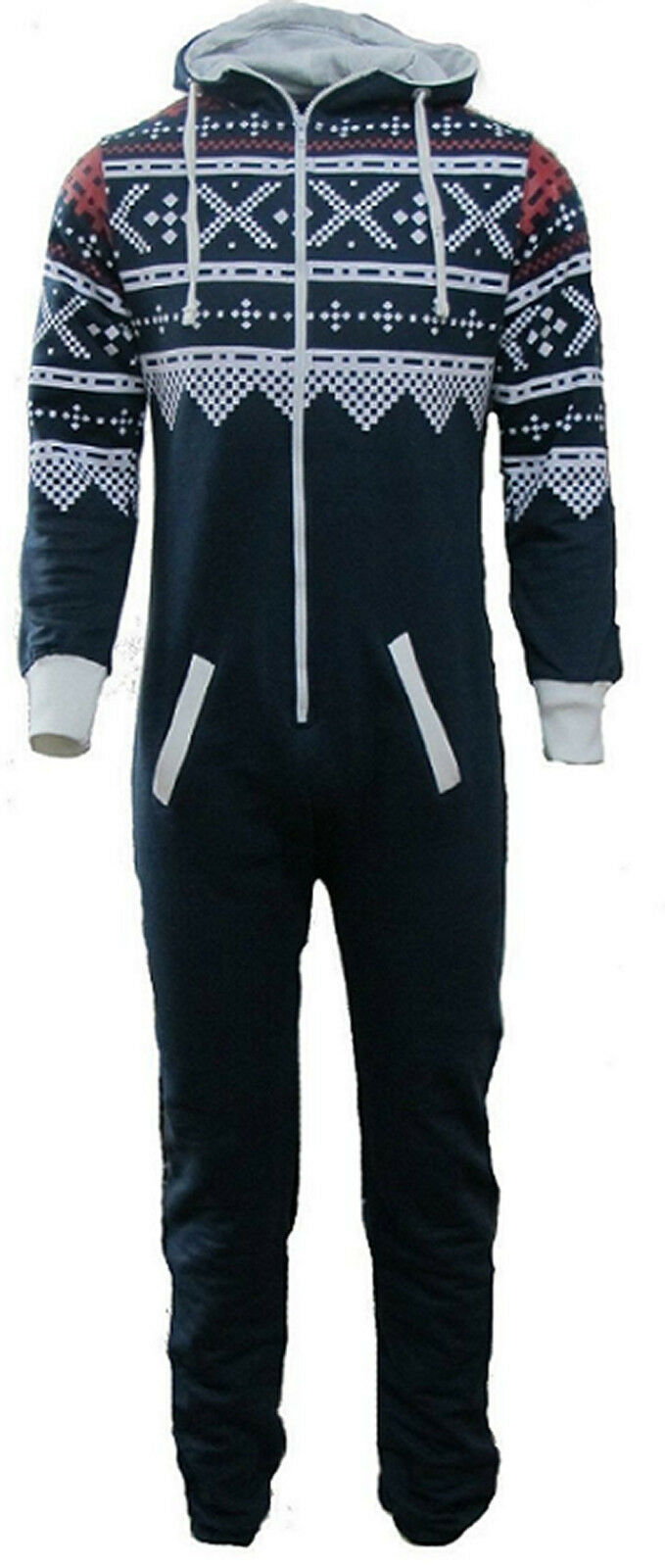 Adult Navy Aztec Design Onesie. Cotton Lined Hood With Fleece Lining In The Rest Of The Onesie. The Cuffs and Ankles Are Ribbed Elastic. These Are To Be Worn Loosely. Sizes Small To X- Large.