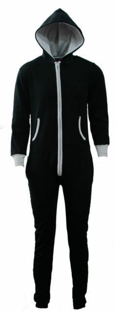 Plain Black Onesie. These Have A White Cotton Lined Hood With The Rest Of The Onesie Being Fleece.They Have Elasticated Ribbed Cuffs And Front Pockets.The Zip At The Front Goes From The Neck To Just Below The Waist. These Are A Lose Fit Onesie. Sizes 2XL To 4XL Available.