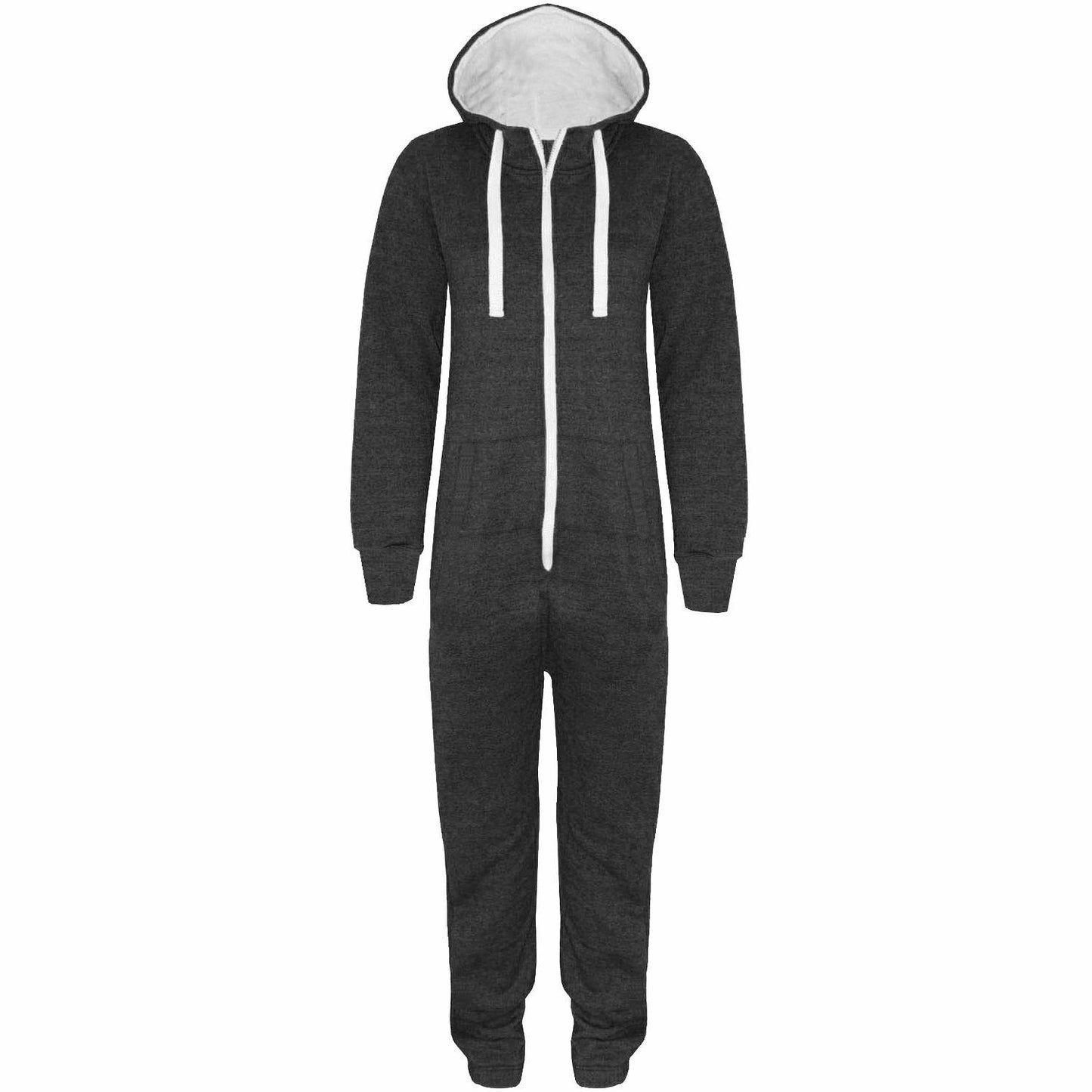 Plain Charcoal Grey Onesie With Blue Design. These Have A White Cotton Lined Hood With The Rest Of The Onesie Being Fleece.They Have Elasticated Ribbed Cuffs And Front Pockets.The Zip At The Front Goes From The Neck To Just Below The Waist. These Are A Lose Fit Onesie. Sizes 2XL To 4XL Available.