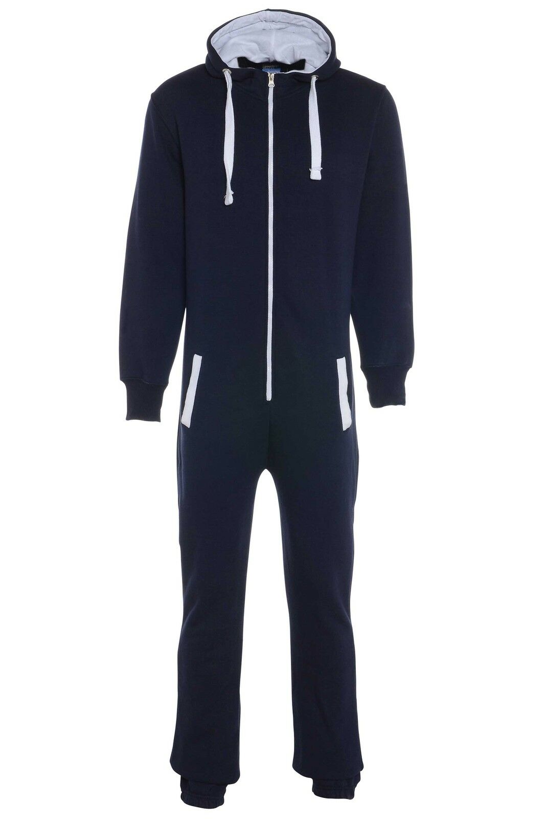 Plain Navy Onesie. These Have A White Cotton Lined Hood With The Rest Of The Onesie Being Fleece.They Have Elasticated Ribbed Cuffs And Front Pockets.The Zip At The Front Goes From The Neck To Just Below The Waist. These Are A Lose Fit Onesie. Sizes 2XL To 4XL Available.