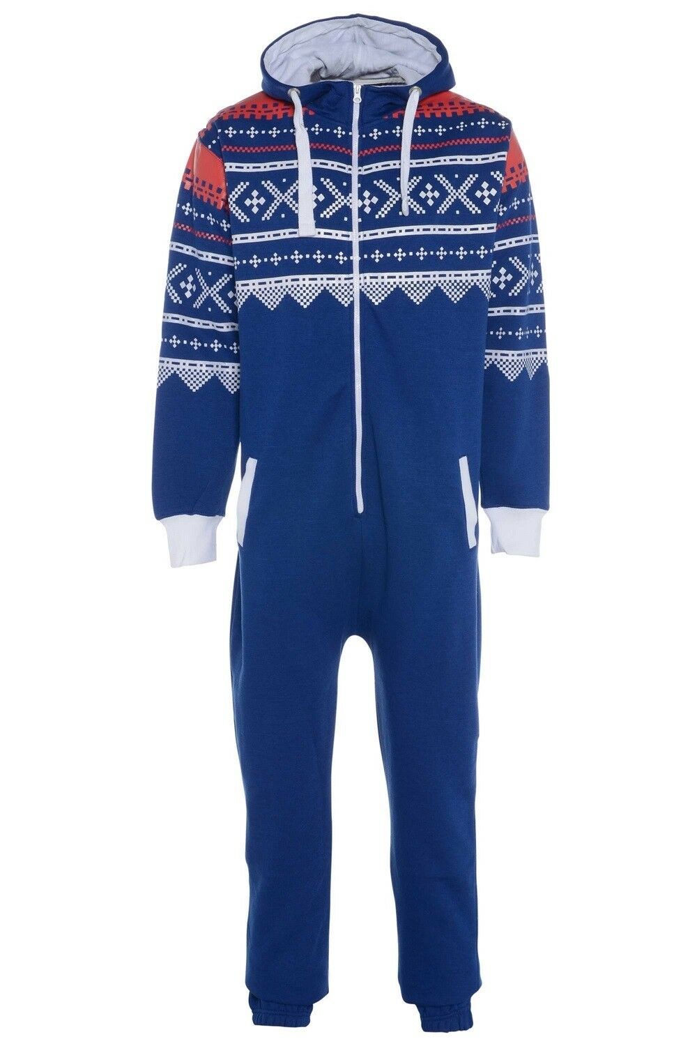 Adult Royal Blue Aztec Design Onesie. Cotton Lined Hood With Fleece Lining In The Rest Of The Onesie. The Cuffs and Ankles Are Ribbed Elastic. These Are To Be Worn Loosely. Sizes Small To X- Large.