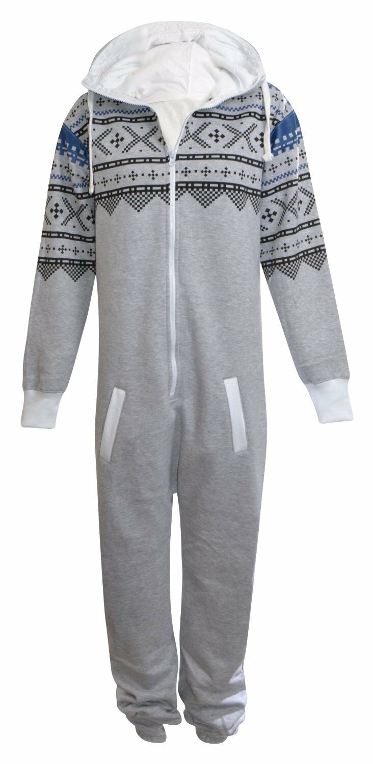 Adult Silver Grey Aztec Design Onesie. Cotton Lined Hood With Fleece Lining In The Rest Of The Onesie. The Cuffs and Ankles Are Ribbed Elastic. These Are To Be Worn Loosely. Sizes Small To X- Large.